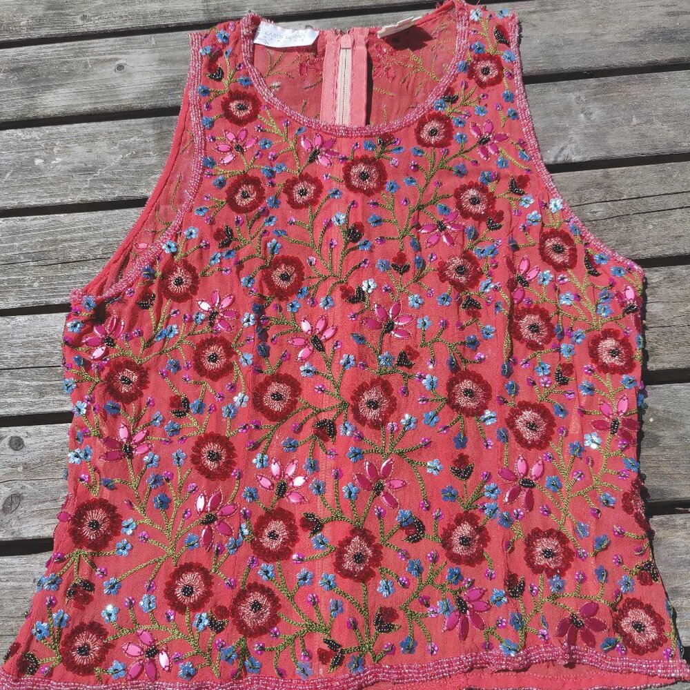 Carol Horns Habitat Silk Tank  Beaded Vintage Embroidered